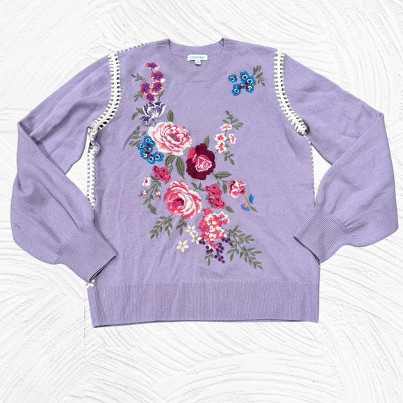 Johnny Was Sweaters - Johnny Was The Whipstitch Crewneck Sweater Embroidered Wool Sz Medium Purple